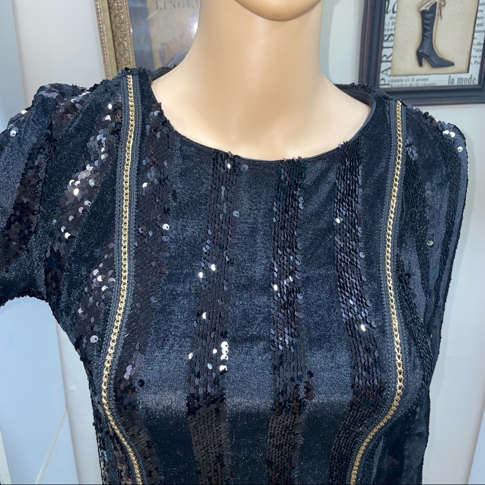 Xtaren NWT! Black Velvet Sequin Striped Chain Long Sleeve Stretchy Mini Dress - Picture 3 of 14